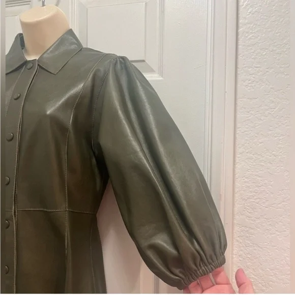 GANNI Leather Olive Green Meranti Puffed
Sleeve Dress Goddess - Size 38 EU/ 8 US - Picture 7 of 14